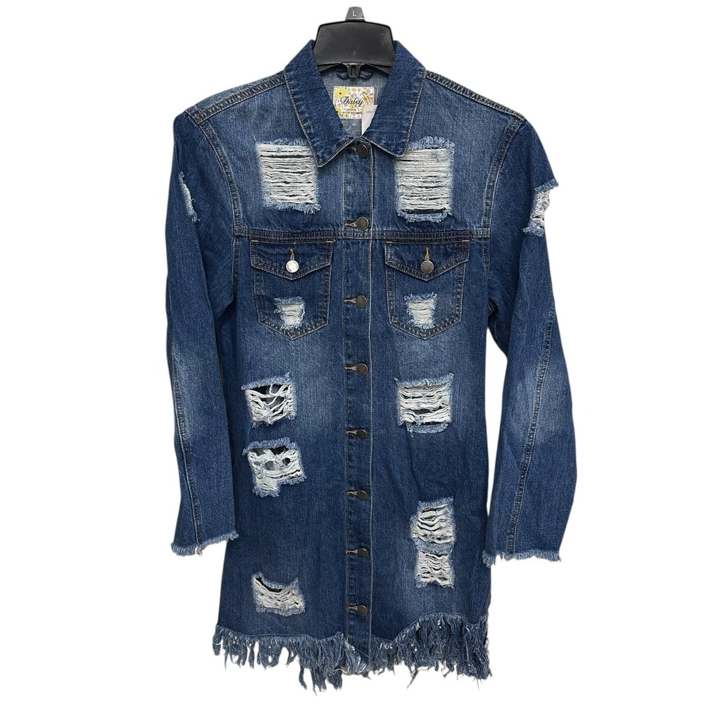 Daisy Blue Distressed Long Denim Jacket Women's Size Large Frayed Hem Pockets